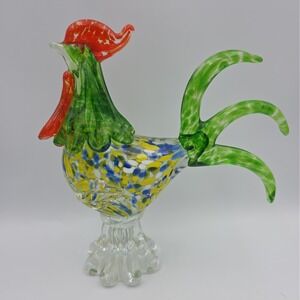 Hand Blown Art Glass Rooster Figurine Green & Red‎ Swirls Murano Style Decor VTG